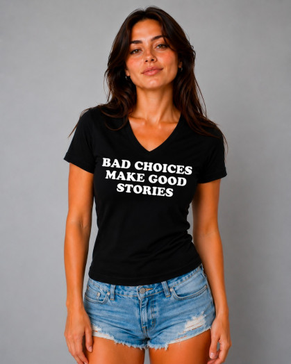 T-shirt en coton imprimé noir sur blanc Bad Choices make good stories