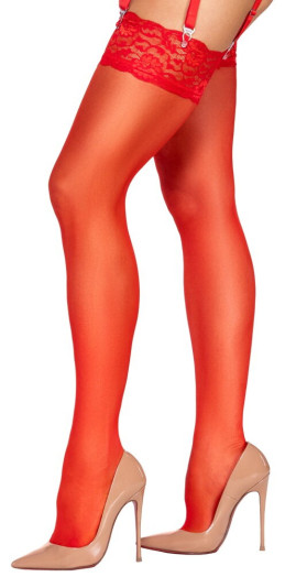 Bas pour porte-jarretelles en voile rouge avec jarretière large en dentelle