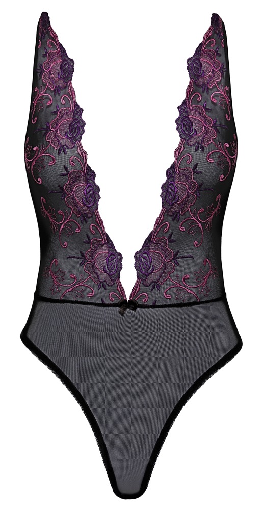 Body en résille transparente noire avec décolleté plongeant bordé de fleurs brodées violettes et roses