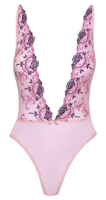 Body sexy en résille transparente rose et fleurs brodées qui dessinent le décolleté.