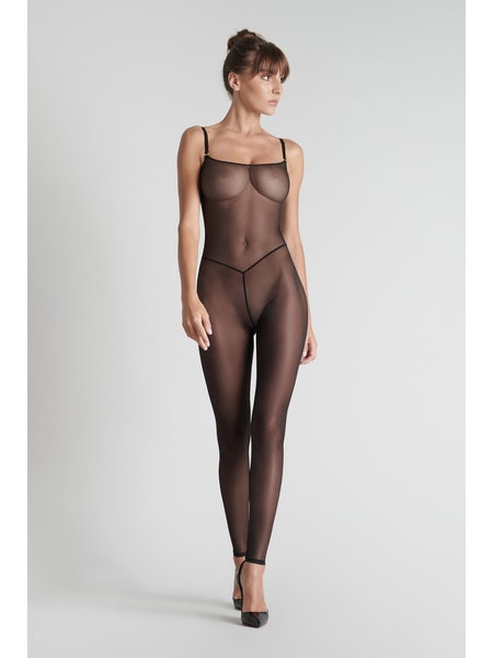 Combinaison intégrale en tulle ultra transparent avec bretelles fines amovibles qui dévoilent les épaules