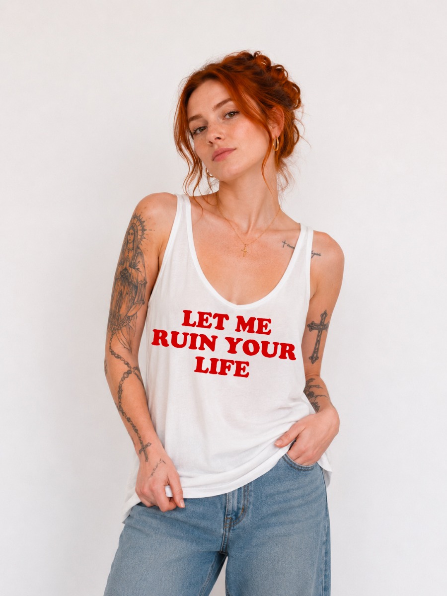 Débardeur en coton avec message imprimé rouge sur blanc &quot;Let me ruin your life&quot;