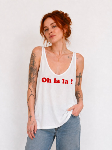 Débardeur en coton avec message imprimé rouge sur blanc "Oh la la !"