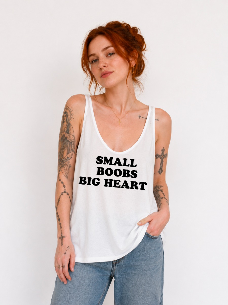 Débardeur en polyester avec message imprimé noir sur blanc &quot;Small boobs Big heart&quot;