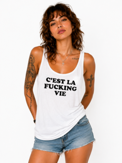 Débardeur en polyester avec message imprimé noir sur blanc "C'est la fucking vie"