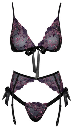 Set de lingerie 3 pièces en résille noire avec broderies de fleurs roses et violette. Le soutien-gorge et le string se nouent avec des rubans en satin.