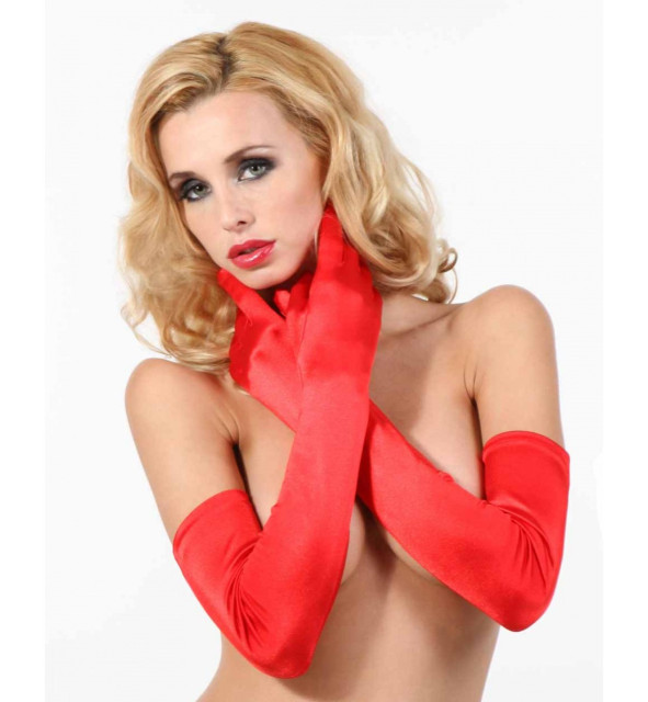 Gants longs en lycra satiné rouge qui habillent les bras avec élégance et subliment toutes les parures de lingerie et les tenues de soirée