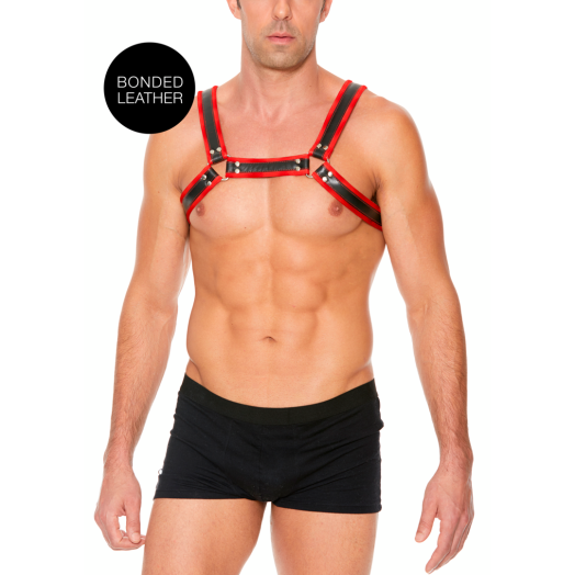 Harnais de buste en simili cuir. Ses anneaux d'attache permettent de le relier à des accessoires de jeu tels que cordes, laisse, menottes, etc.