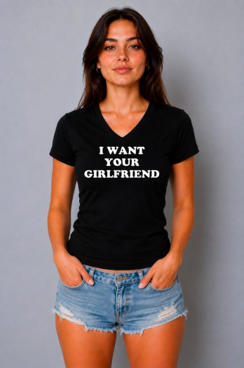 T-shirt en coton imprimé noir sur blanc I want your girlfriend