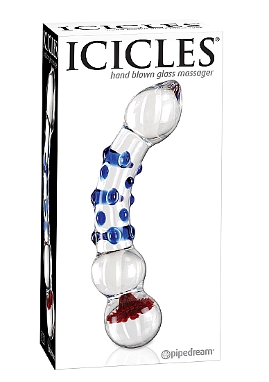 Dildo en verre, élégant avec ses picots teintés bleu et sa fleur. Façonné à la main, il est particulièrement pensé pour la stimulation du point G ou de la prostate.