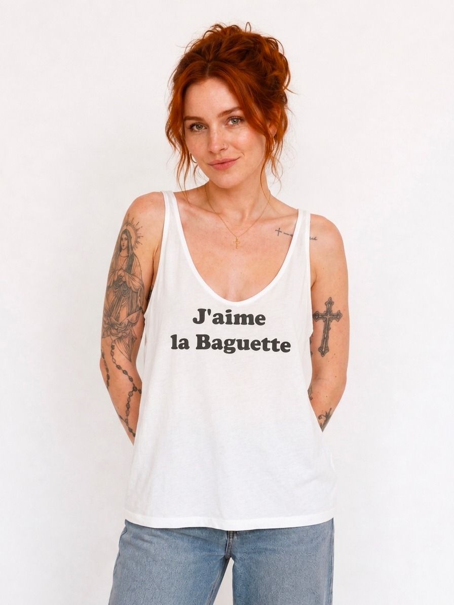 Débardeur blanc imprimé J&#039;aime la Baguette