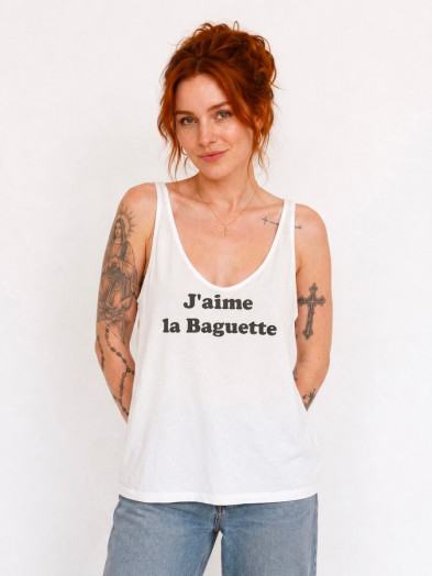 Débardeur en coton blanc imprimé avec le message "J'aime la Baguette"