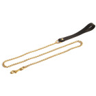 Laisse longue en acier doré avec manche en cuir noir