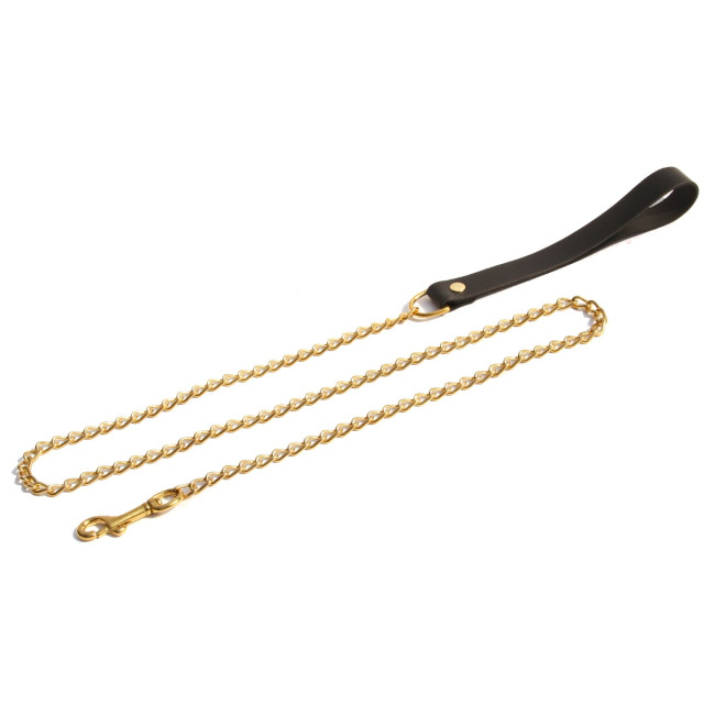 Laisse longue en acier doré d'une longueur totale d'1m20 avec son manche en cuir doux noir