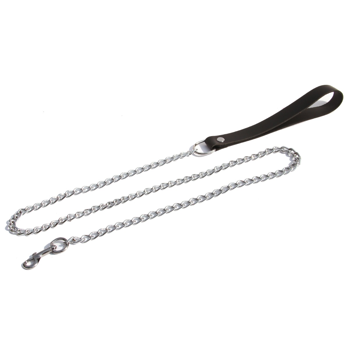 Laisse longue en acier d&#039;une longueur totale d&#039;1m20 avec son manche en cuir doux noir