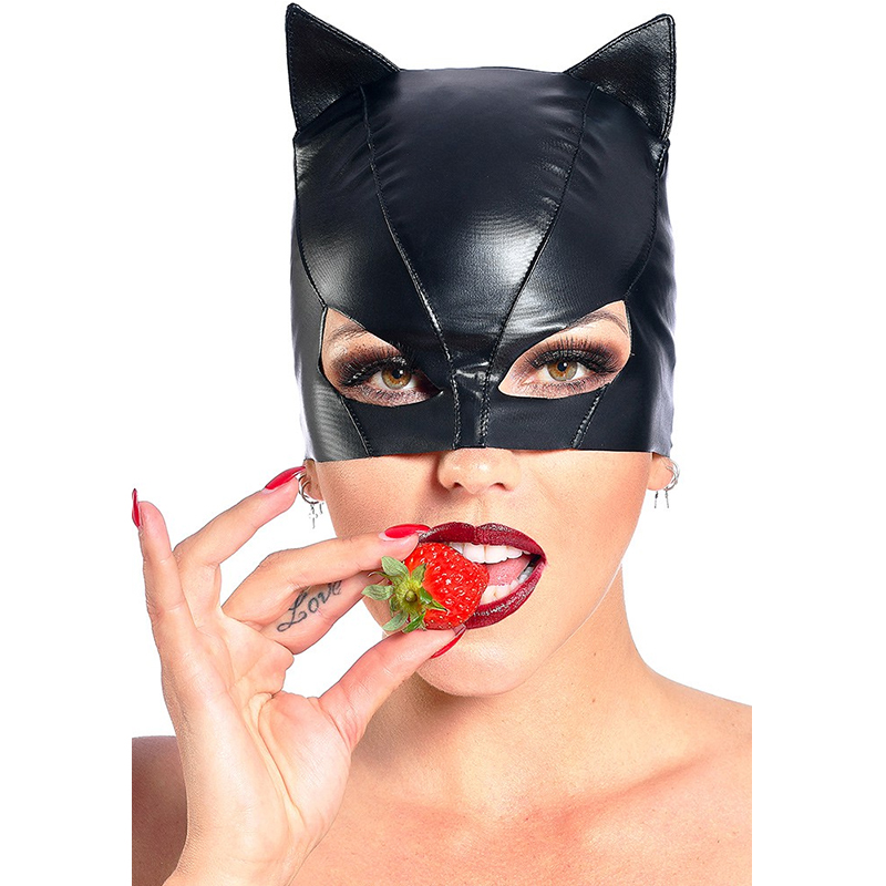 Masque fétish en lycra laqué noir petit chat