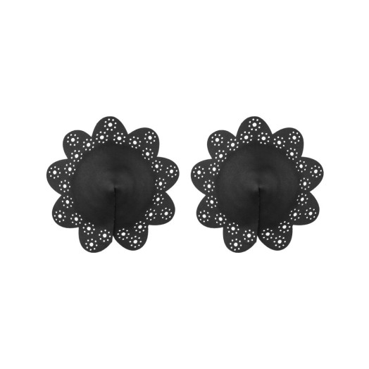 Cache-tétons en forme de fleurs noires mat qui habillent la poitrine