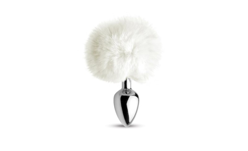Plug anal en aluminium avec butée en forme de pompom en fourrure synthétique blanche