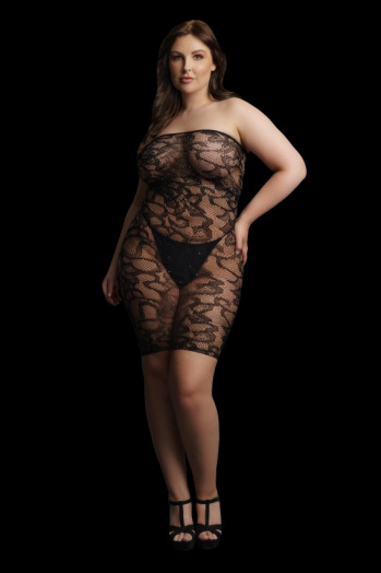 Robe bustier en dentelle noire transparente parsemée de strass blancs qui illuminent la peau à chaque mouvement