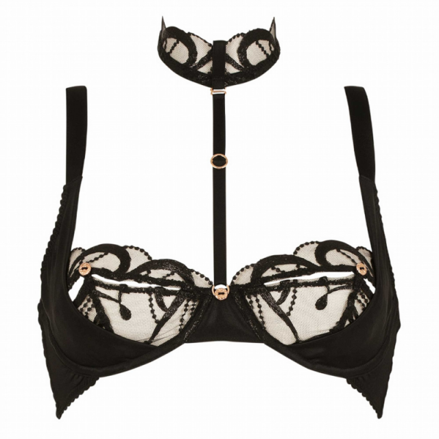Soutien gorge Trésor, coupe quart-cup, en satin et résille façon dentelle, avec harnais amovible et ajustable