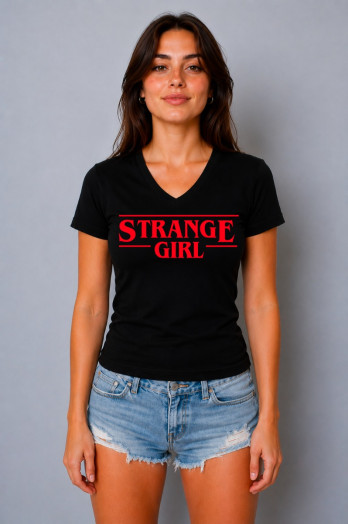 T-shirt en coton imprimé rouge sur noir Strange Girl