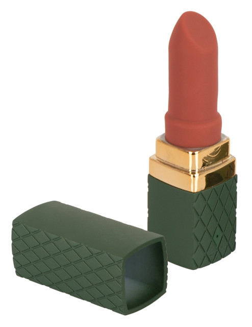 Mini vibro sous forme de rouge à lèvres, couleur bordeaux, vert et or