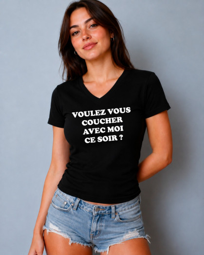 T-shirt en coton noir imprimé Voulez-vous coucher avec moi ce soir ?
