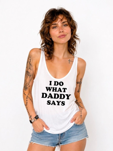 Débardeur en polyester avec message imprimé noir sur blanc "I do what daddy says"